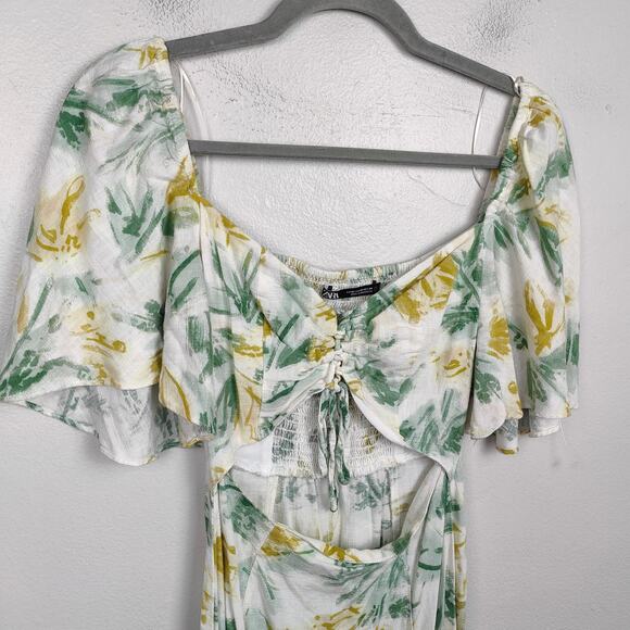 Zara Cutout Midi Dress Women XS White Floral Print Beachy Linen Slit White Lotus - Picture 2 of 9